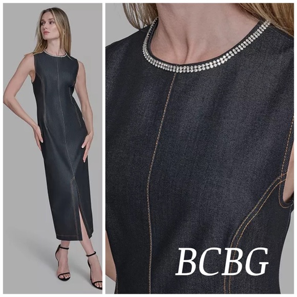 BCBG Dresses & Skirts - NEW BCBG Rhinestone Applique Sleeveless Dark Denim Dress size 4 NWT